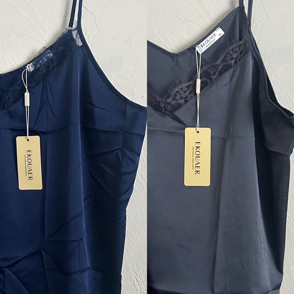 EKOUAER Women's Set of 2 Satin Chemise with Lace Trim - Navy and Charcoal